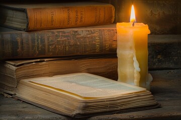 Illuminated antique books with glowing candle on wooden table