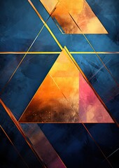 Abstract blue pink orange triangle shapes and luxury golden lines