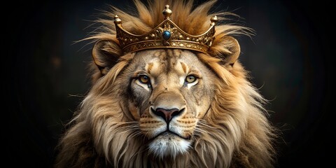 Fototapeta premium lion head portrait Illustration on a black background of a king with a crown, pride, lion king, majesty, wild animal, big mane, background, wallpaper