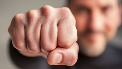 Obraz premium Close-up of a clenched fist with detailed knuckles face blurred, empowerment, determination, strength, and solidarity.