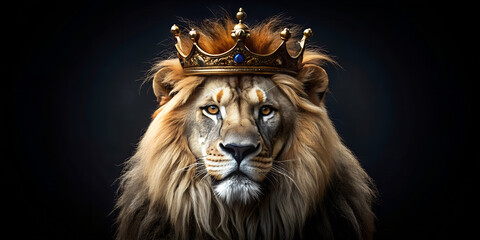 Naklejka premium portrait of a lion Illustration on a black background of a king with a crown, pride, lion king, majesty, wild animal, big mane, background, wallpaper