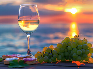 Glass of white wine with bunch of grapes