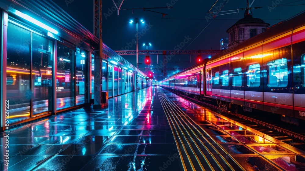 Aufkleber High-speed train station at night, with vibrant lights and reflections on the platform, creating a dynamic and modern urban scene