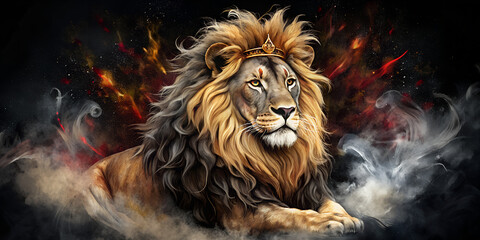 portrait of a lion Illustration on a black background of a king with a crown, pride, lion king, majesty, wild animal, big mane, background, wallpaper