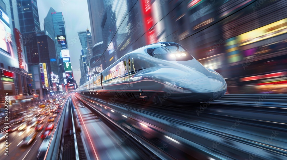 Poster high-speed train speeding through a metropolitan area, with skyscrapers and busy streets, showcasing