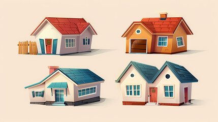 set Classic and modern family house residential apartment buildings. Real estate home property. Set Contemporary standard suburban urban village style with gable and flat roof solar panels.