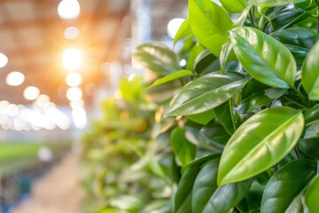 Fresh greenhouse plants illuminated by sunlight - Powered by Adobe