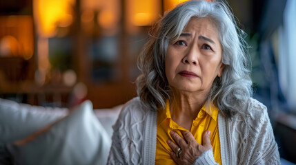 Fototapeta premium Asian senior woman with chest pain. holding her hand on her heart area, suffering from a stroke or heart attack while standing alone.