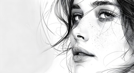 Pencil woman portrait sketch on a white paper.