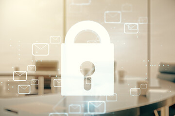 Abstract virtual lock sketch with email symbols hologram on a modern boardroom background,...