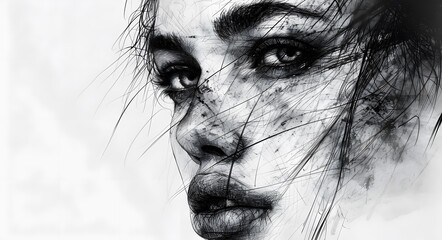 Fototapeta premium Pencil portrait sketch of a woman on white paper.