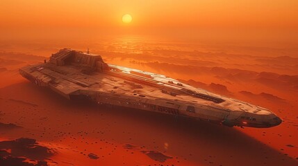 a massive spaceship floating on an alien planet at sunset