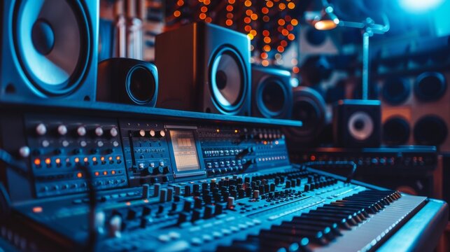 Home recording studio with studio monitors, mixing board, and soundproofing, showcasing the professional audio setup for music production