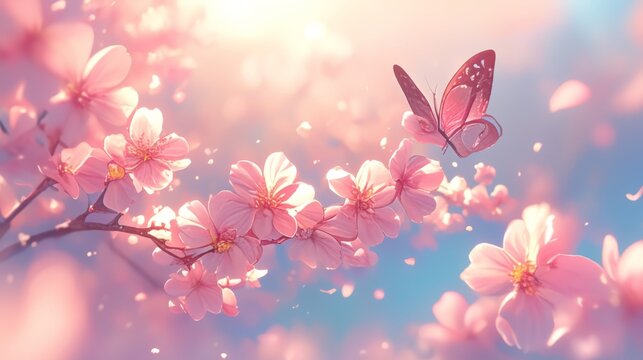 Serene Sakura Blossom Garden: Dreamy Pink Fantasy with Butterflies