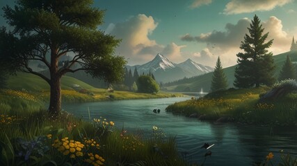 landscape with lake and mountains