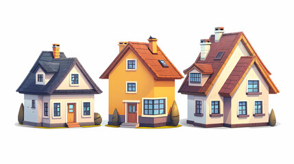 set Classic and modern family house residential apartment buildings. Real estate home property. Set Contemporary standard suburban urban village style with gable and flat roof solar panels.