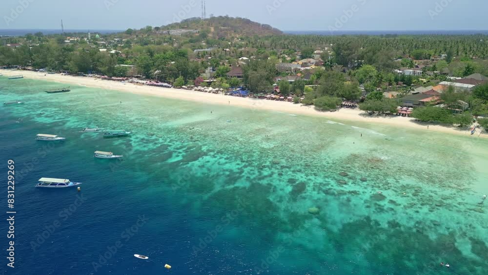 Sticker Aerial view flying towards the tropical beach of Gili Trawangan