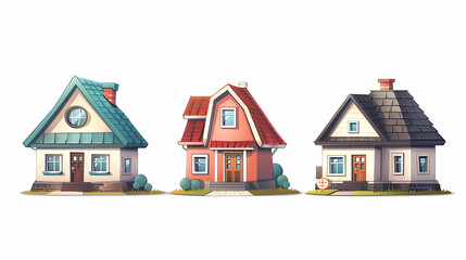 set Classic and modern family house residential apartment buildings. Real estate home property. Set Contemporary standard suburban urban village style with gable and flat roof solar panels.