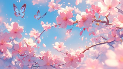 Serene Sakura Blossom Garden: Dreamy Pink Fantasy with Butterflies
