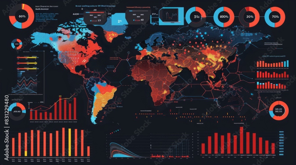 Poster detailed world map displaying intricate data and information points for analysis and study.