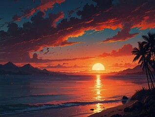 Orange and red sunset paints the sky over the calm sea at dusk