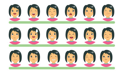 Set of cute girl  emotions. Facial expression. Girl Avatar. Vector illustration of a flat design