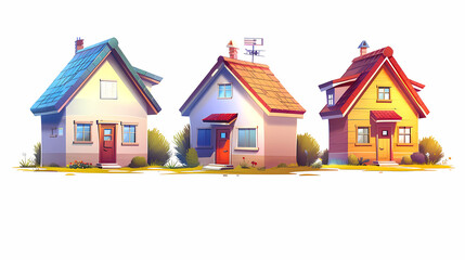 Fototapeta premium set Classic and modern family house residential apartment buildings. Real estate home property. Set Contemporary standard suburban urban village style with gable and flat roof solar panels.