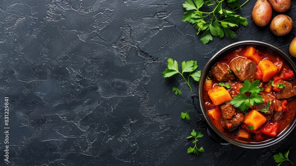 Aufkleber beef stew with potatoes and carrots in tomato sauce on dark background with space for text overhead 
