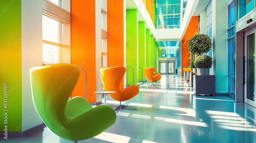 Wall mural bright modern office lobby with bright colors and stylish furniture