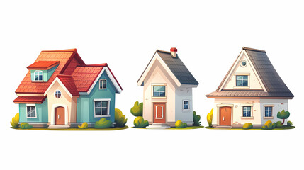 set Classic and modern family house residential apartment buildings. Real estate home property. Set Contemporary standard suburban urban village style with gable and flat roof solar panels.