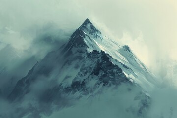 Snowy Mountain Peak in Foggy Atmosphere