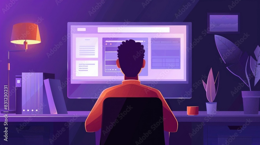 Poster individual conducting secure online transactions on a digital platform in a minimalist workspace env