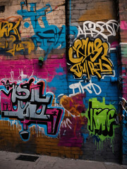 Colorful tags and graffiti covering a city wall in a burst of hues.