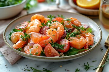 A plate of shrimp and tomatoes with parsley and lemon wedges