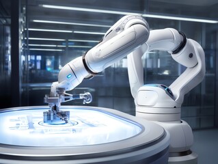 Engineer working on a robotic arm, advanced technology, futuristic lab, innovation in progress, isolated on a white background, copy space for tech ads or informative content
