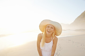 Travel, portrait and happy woman at beach with hat for summer vacation, holiday trip or tropical...