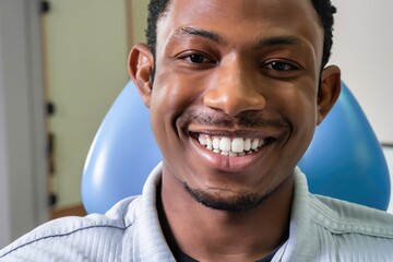 Obraz premium young man sitting on a dentist chair, guy with beautiful teeth in a dental studio, male patient in a clinic, beaitiful smile
