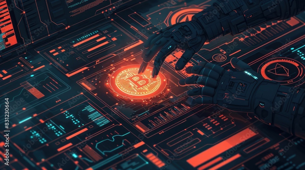 Poster hands executing cryptocurrency transactions on a futuristic digital financial platform with blockcha
