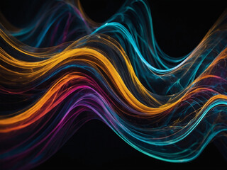 Colorful wave lines flowing dynamically against a black backdrop, creating an abstract futuristic background with scientific undertones.