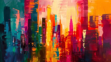 Obraz premium Colorful abstract painting depicting an energetic, urban skyline with dynamic brushstrokes