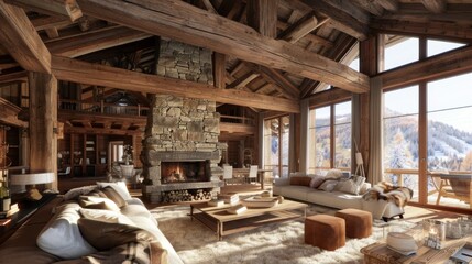 Interior of a Nordic chalet living room, with exposed wooden beams, a stone fireplace, and plush furnishings, radiating rustic elegance and comfort