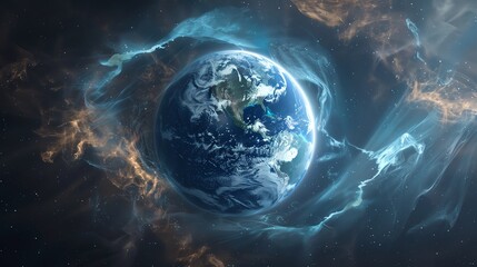 Obraz premium MJO, a fascinating weather phenomenon that impacts tropical regions, Stunning view of Earth from space surrounded by colorful cosmic clouds and energy, depicting the beauty and mystery of our planet.