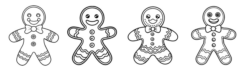 Set of smiling gingerbread man line art illustrations with different decorations for coloring book. Black and white illustration of festive gingerbread men with bows and buttons.Gingerbread men set