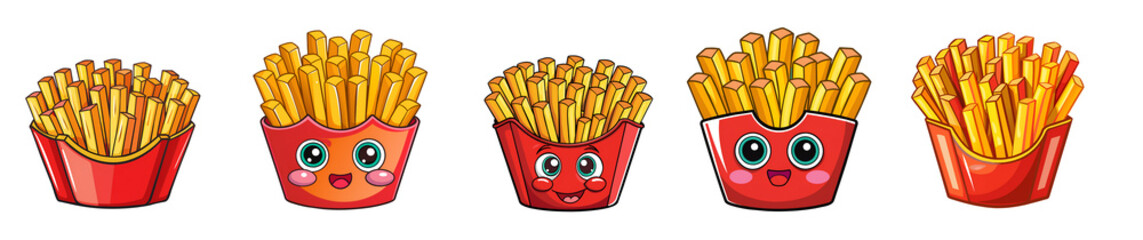 Set of Cartoon french fries in a red carton with a happy face, isolated. Smiling french fries character assortment in a cheerful design. Cute and happy french fries illustration
