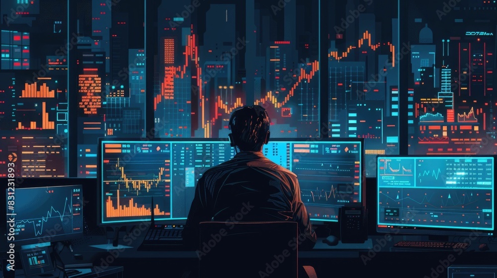 Poster a depicting the analysis of trading trends and data displayed on a computer screen set against the b