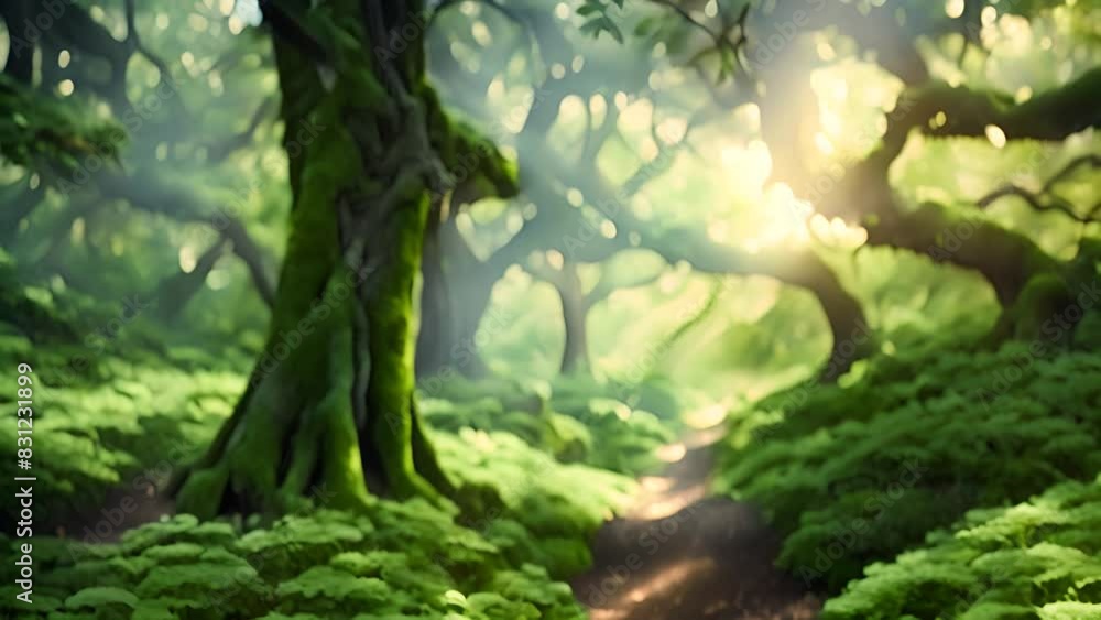 Poster path cutting through a dense green forest generative ai