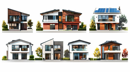 set Classic and modern family house residential apartment buildings. Real estate home property. Set Contemporary standard suburban urban village style with gable and flat roof solar panels.