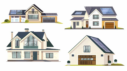 set Classic and modern family house residential apartment buildings. Real estate home property. Set Contemporary standard suburban urban village style with gable and flat roof solar panels.
