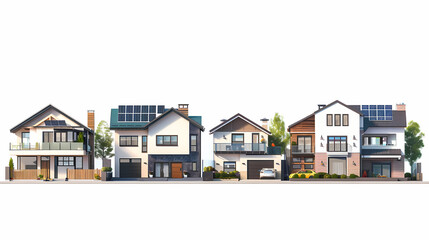 set Classic and modern family house residential apartment buildings. Real estate home property. Set Contemporary standard suburban urban village style with gable and flat roof solar panels.