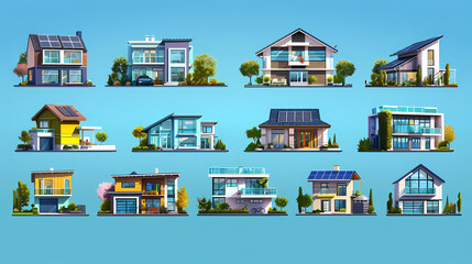 set Classic and modern family house residential apartment buildings. Real estate home property. Set Contemporary standard suburban urban village style with gable and flat roof solar panels.